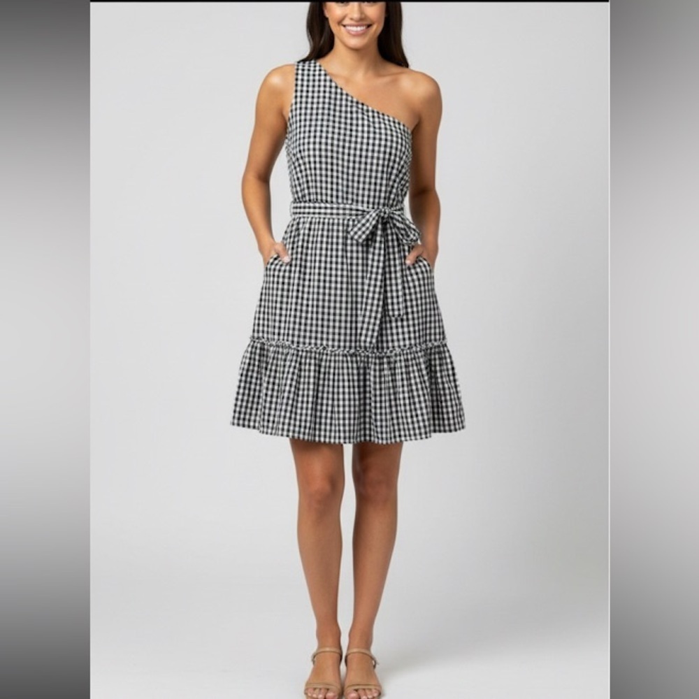 Crown & Ivy Black/White gingham one shoulder ruffle hem tie waist dress size 14